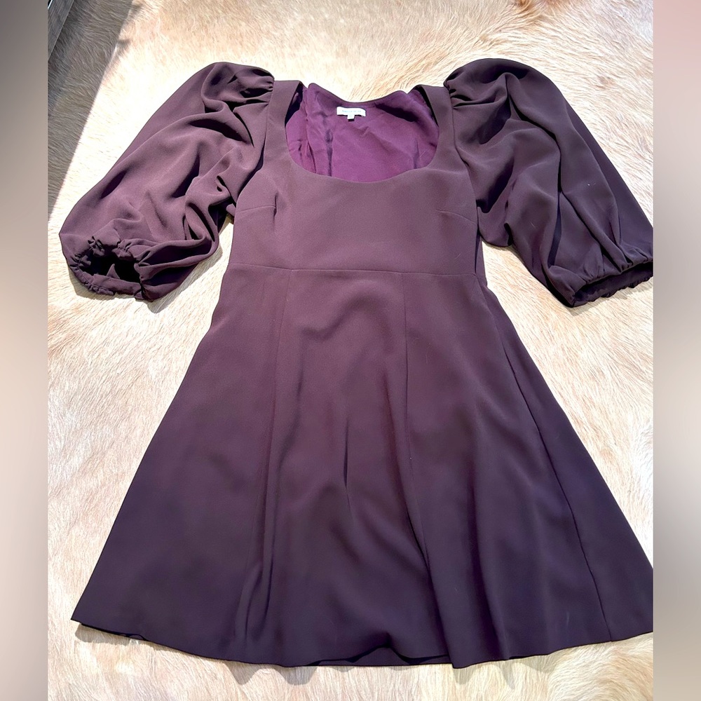 Rebecca Taylor Women's 3/4 Puffed-sleeved Scoop Neck Mini Dress, Plum Size 6-8 M